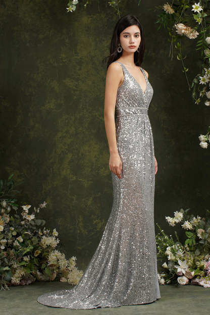 Chicloth Silver Sequins Bridesmaid Dress V-Neck Sleeveless With Slit