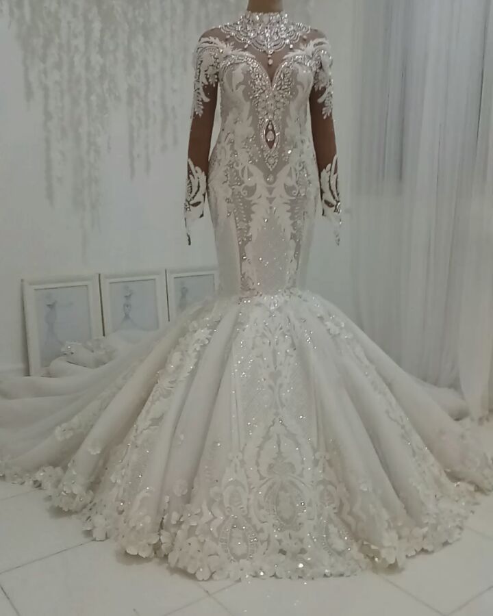 Chicloth Modest Highneck Longsleeves Lace Wedding Dresses White Mermaid Bridal Gowns With Appliques On Sale