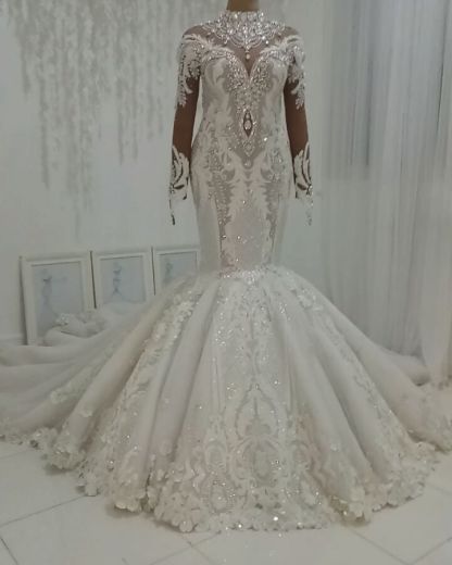 Chicloth Modest Highneck Longsleeves Lace Wedding Dresses White Mermaid Bridal Gowns With Appliques On Sale