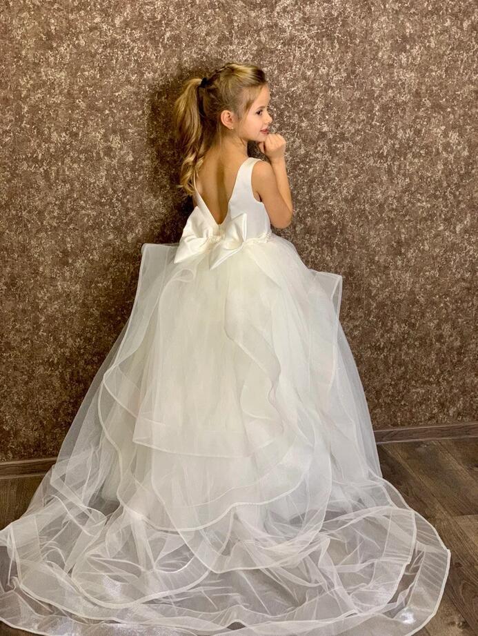 Chicloth White Tulle Glitter Flower Girl Dress With Bowknot Back