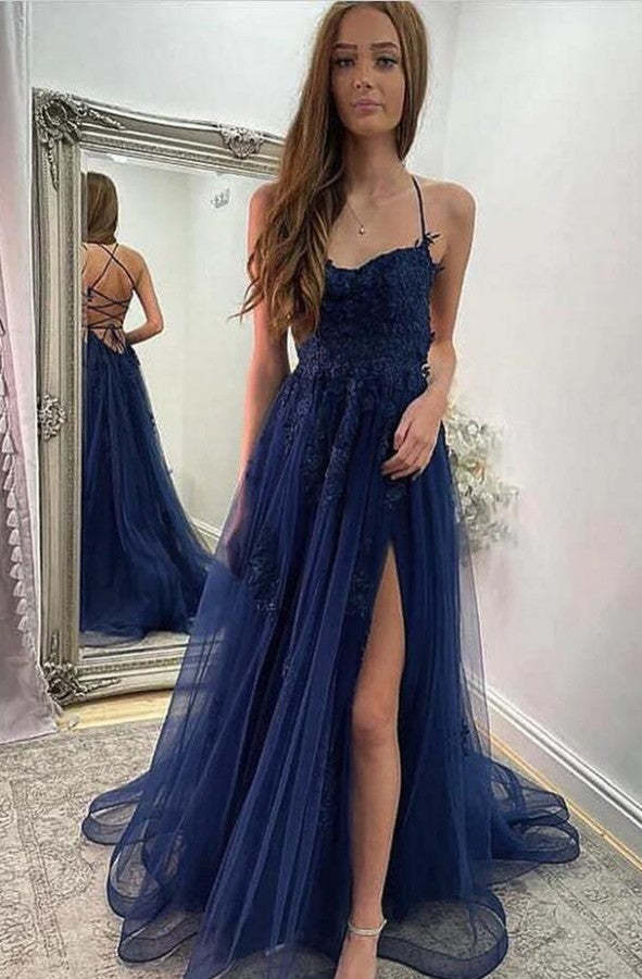 Chicloth Spaghetti-Straps Dark Navy Tulle Prom Dress Long On Sale