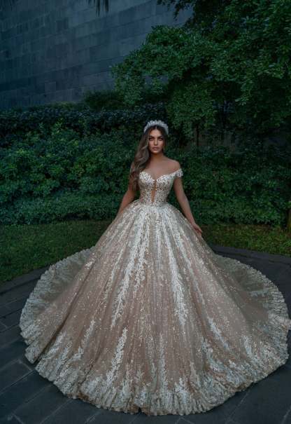 Chicloth Off-the-Shoulder Champagne Wedding Dress Ball Gown With Appliques