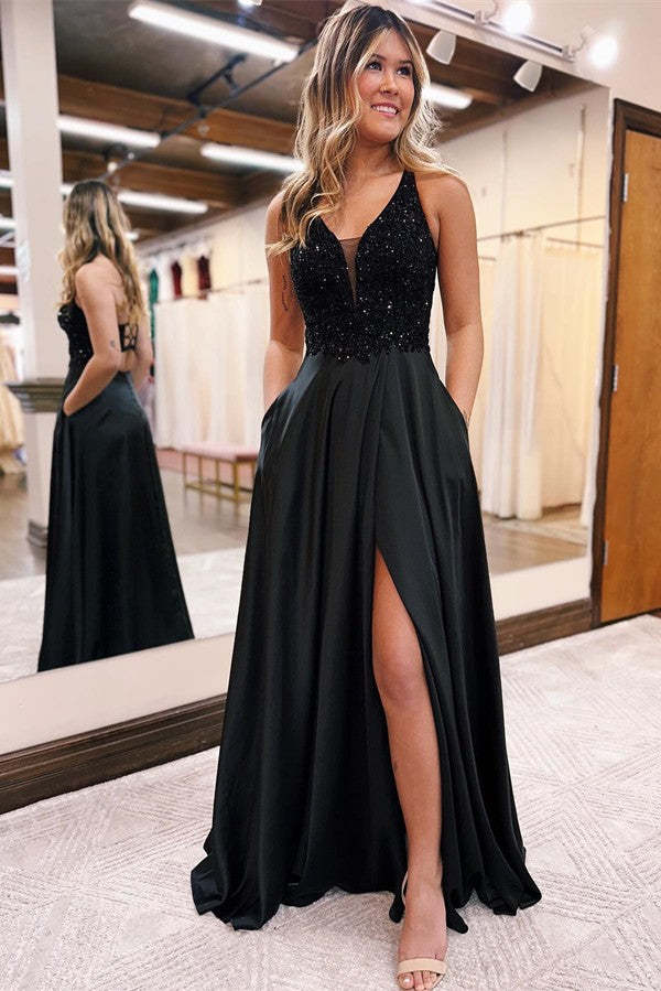 Chicloth V-Neck Black Prom Dress Sleeveless Split With Split