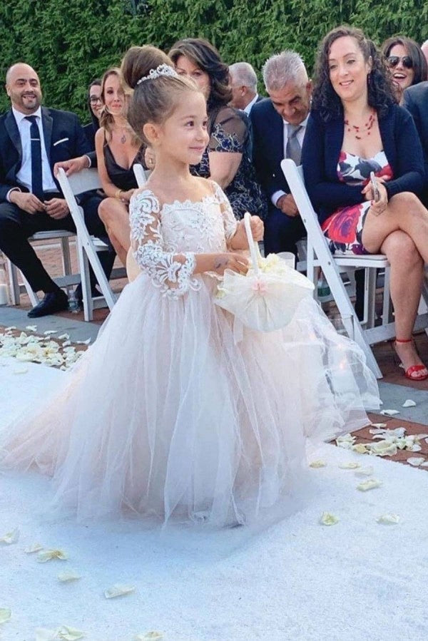 Chicloth Long Sleeve Tulle Lace Flower Girl Dress With Bowknot
