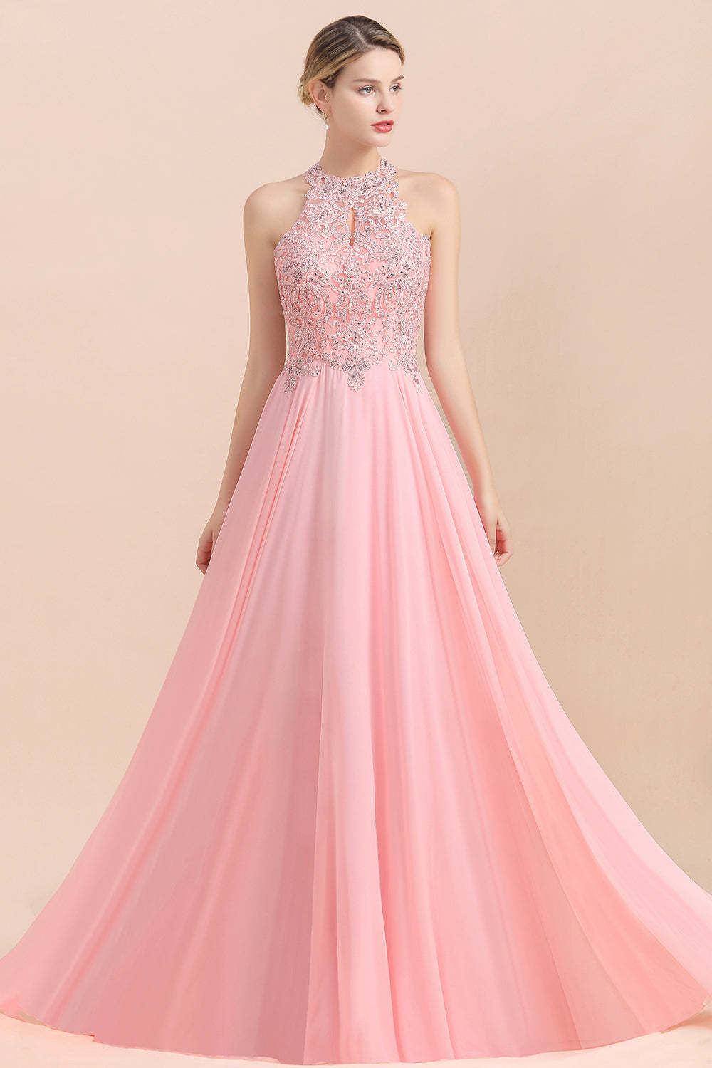 Chicloth A-line Chiffon Lace Ruffles Bridesmaid Dress with Beadings