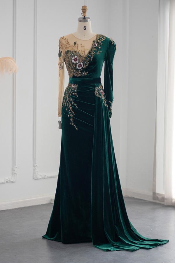 Chicloth Long Sleeves Mermaid Evening Dresses Dark Green With Crystals