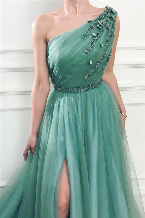 Chicloth One Shoulder Split Prom Dress Long With Applique