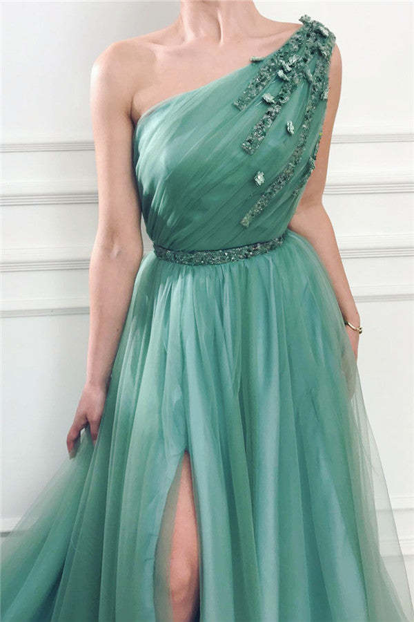 Chicloth One Shoulder Split Prom Dress Long With Applique