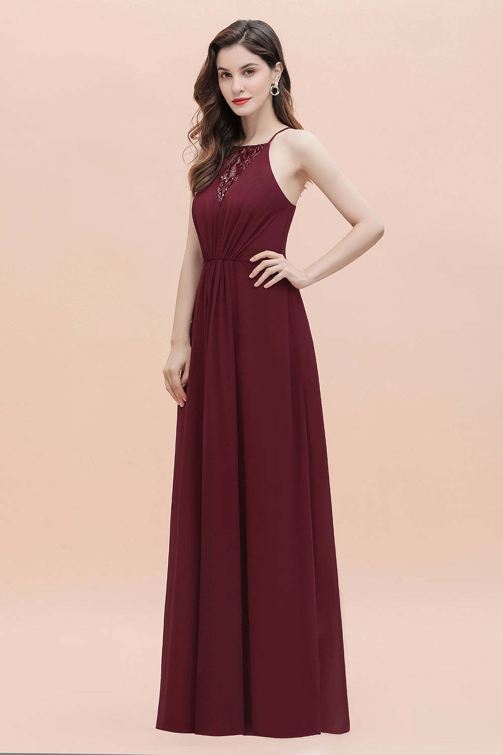 Chicloth Sexy V-neck Burgundy Chiffon Bridesmaid Dress Spaghetti Straps Lace Sequins Evening Dress