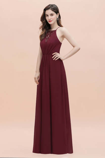Chicloth Sexy V-neck Burgundy Chiffon Bridesmaid Dress Spaghetti Straps Lace Sequins Evening Dress