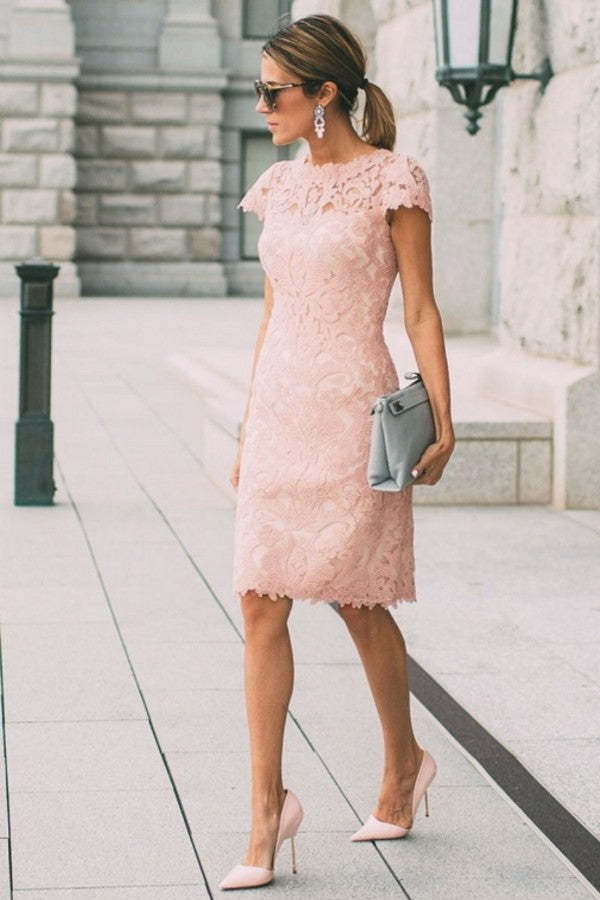 Chicloth Pink Short Sleeves Lace Prom Dress Knee-Length Online