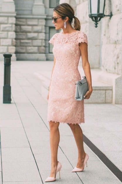 Chicloth  Pink Short Sleeves Lace Prom Dress Knee-Length Online