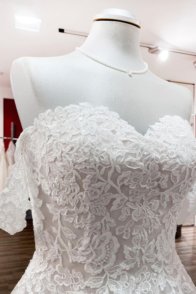 Chicloth Off The Shoulder Tulle Lace Ivory Ruffles A-Line Wedding Dresses