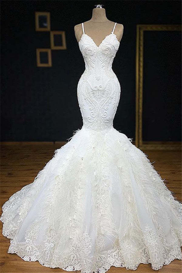 Chicloth Sexy Spaghetti Straps Sleeveless White Wedding Dresses With Appliques Mermaid Sleeveless Bridal Gowns On Sale