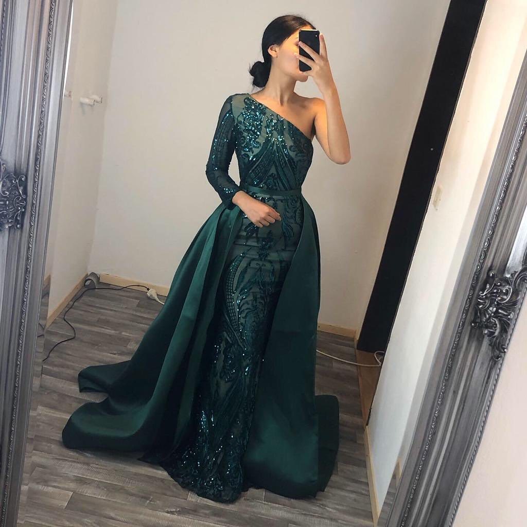 Unique Modern Detachable Sequins One-Shoulder Long Sleeve Sweep Train Prom Dress