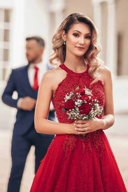 Red Halter Glitter A-Line Evening Gown Sparkly Sleeveless Floor Length Party Dress