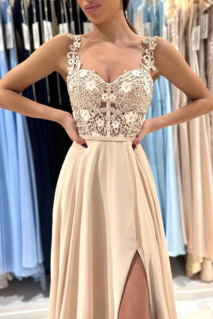 Chicloth Straps Square Prom Dress Champagne Slit With Appliques