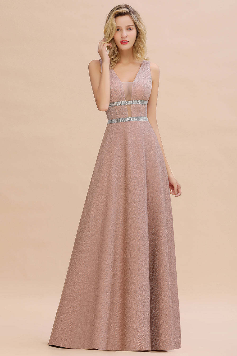 Chicloth Shinning V-Neck Sleeveless Long Prom Dress Online With Zipper Back