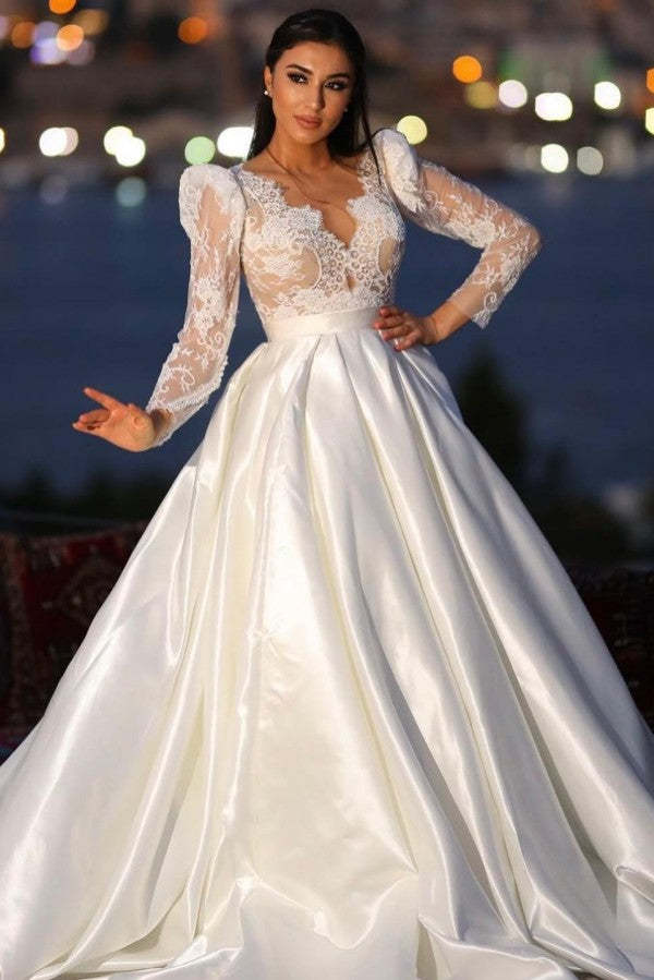 Chicloth Long Sleeves Satin Wedding Dress Lace V-Neck