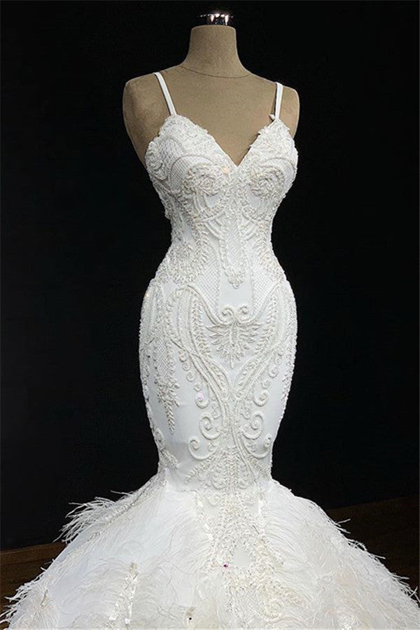 Chicloth Sexy Spaghetti Straps Sleeveless White Wedding Dresses With Appliques Mermaid Sleeveless Bridal Gowns On Sale