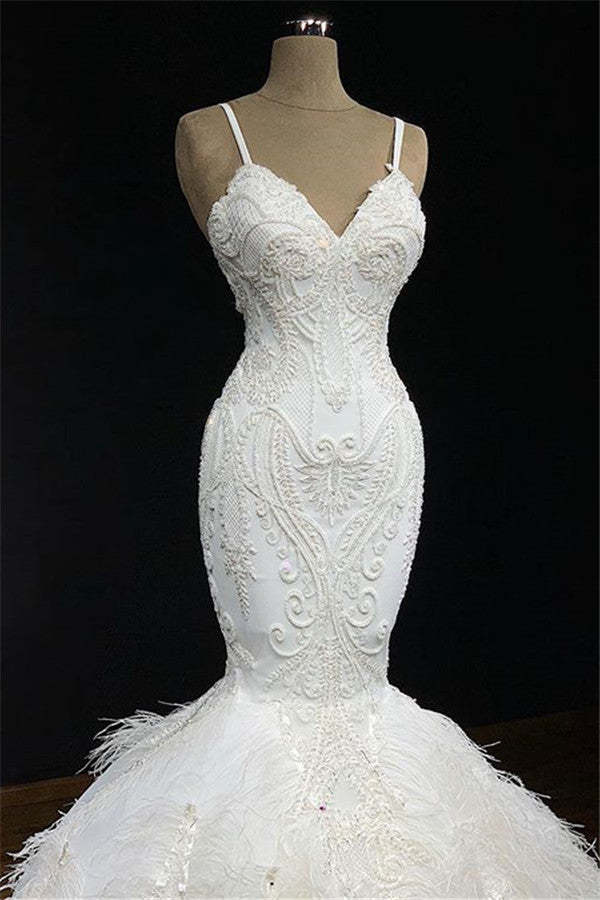 Chicloth Sexy Spaghetti Straps Sleeveless White Wedding Dresses With Appliques Mermaid Sleeveless Bridal Gowns On Sale
