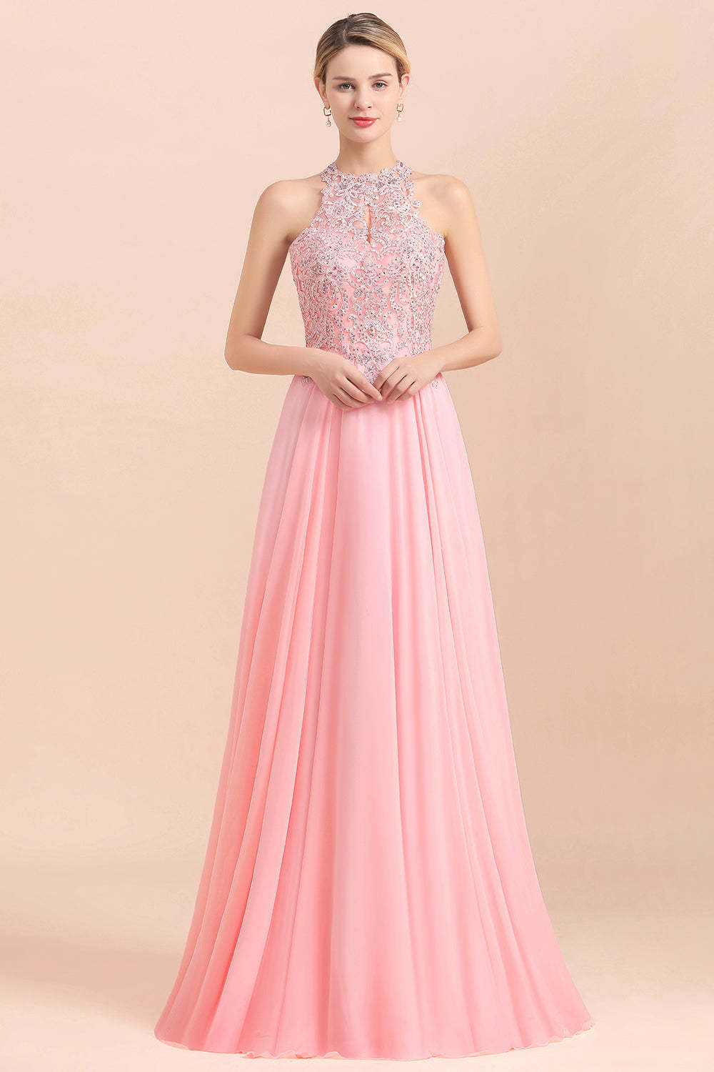 Chicloth A-line Chiffon Lace Ruffles Bridesmaid Dress with Beadings