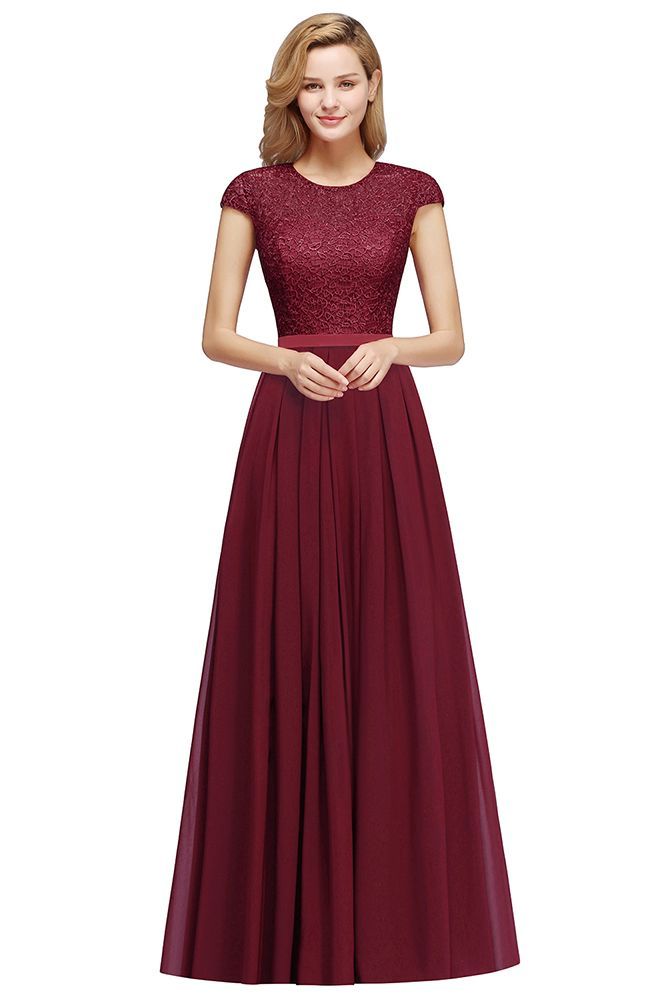 Chicloth A-line Jewel Short Sleeves Chiffon Lace Bridesmaid Dress