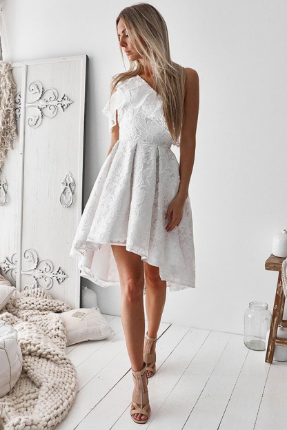 Elegant One Shoulder Lace Short Homecoming Dress | Hi-Lo Cheap Hoco Dress