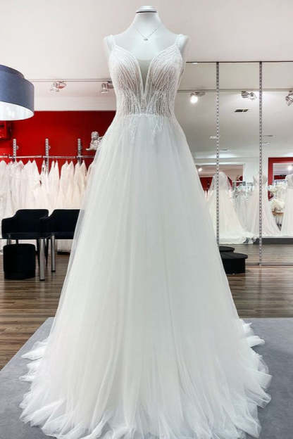 Chicloth Breath-taking Tulle V Neck Sequins Ruffles A-Line Wedding Dresses