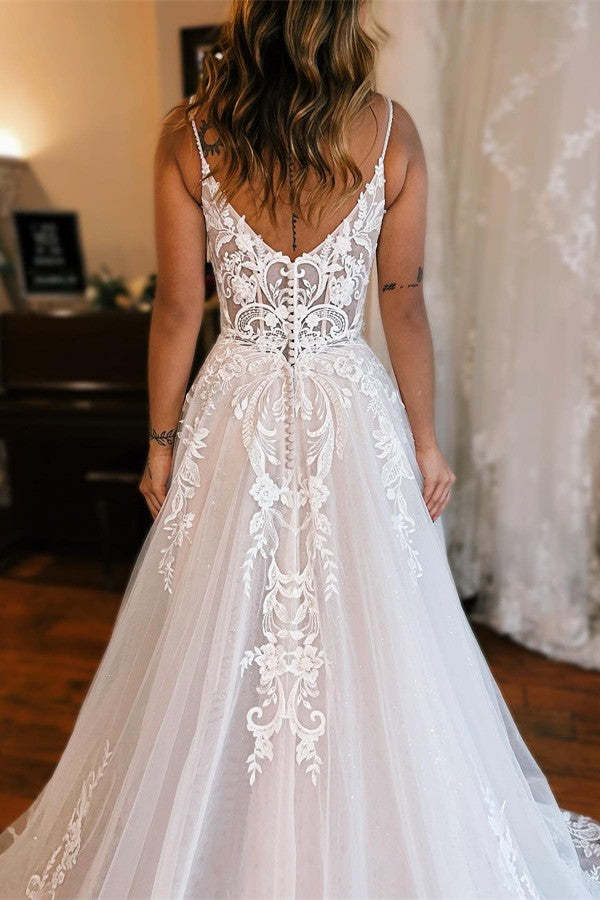 Chicloth Spaghetti-Straps V-Neck Wedding Dress Split With Lace Appliques