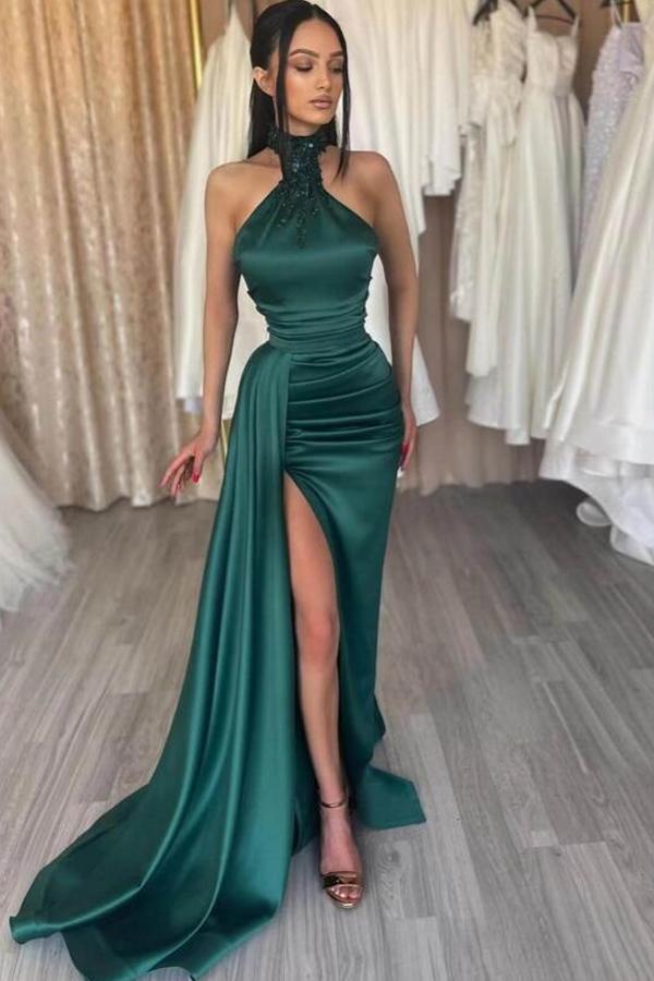 Halter Triangle Neck Sleeveless High Split Green Prom Dress