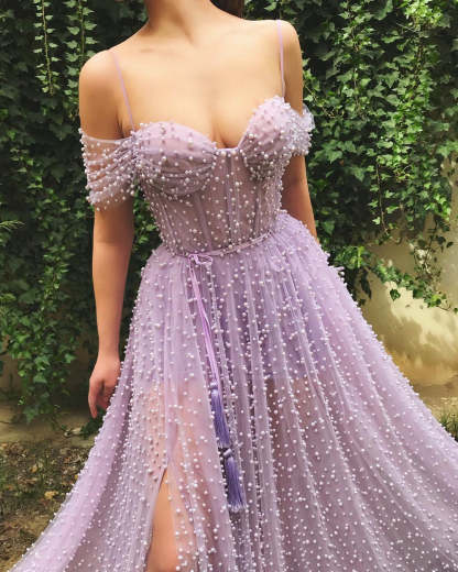 Chicloth Lilac Off-the-Shoulder Long Prom Dress With Split