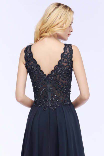 Chicloth A-line V-neck Sleeveless Long Appliqued Chiffon Prom Dress with Crystals