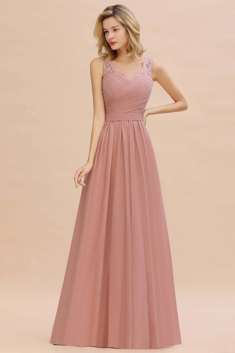 Chicloth A-line Chiffon Lace V-Neck Ruffles Bridesmaid Dress