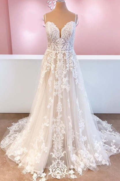Chicloth Spaghetti-Straps Lace Appliques Wedding Dress Sleeveless