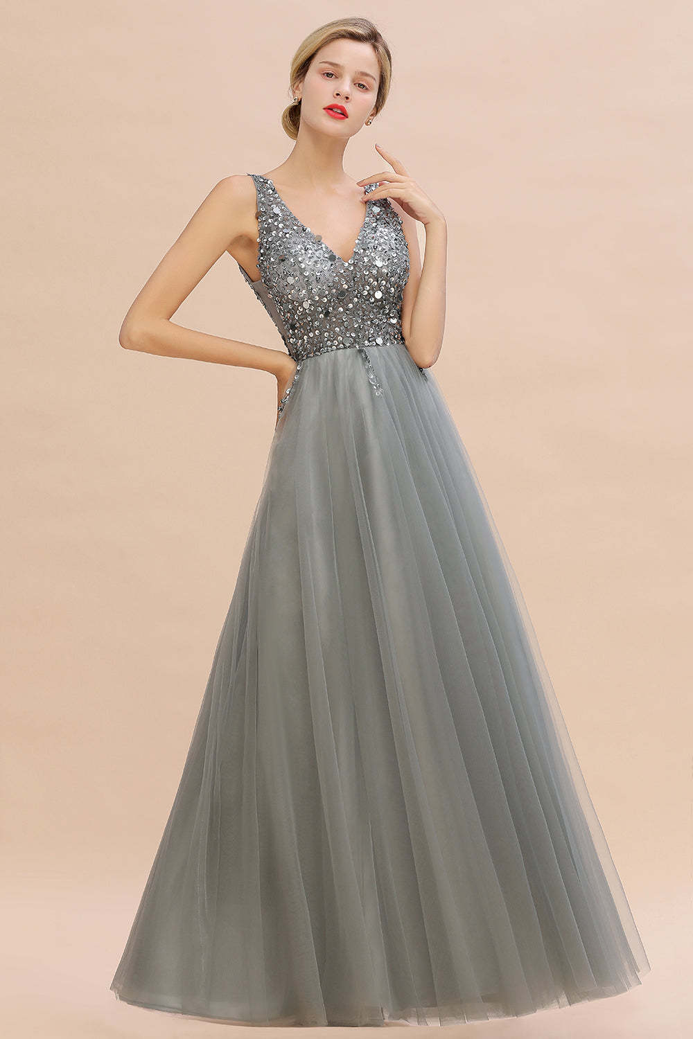 Chicloth Glamorous V-Neck Sleeveless Prom Dress Long Tulle Evening Gowns With Crystals