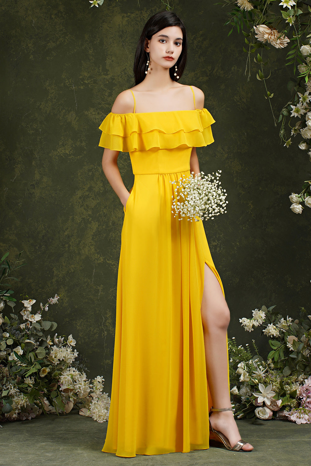 Chicloth Off-the-Shoulder Bridesmaid Dress Ruffles With Slit