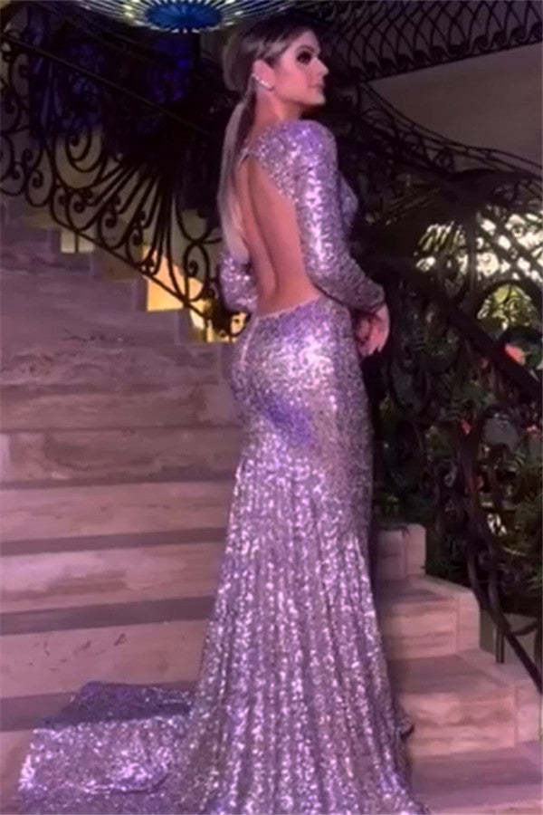 Chicloth Long Sleeves Mermaid Evening Dress Sequins V-Neck