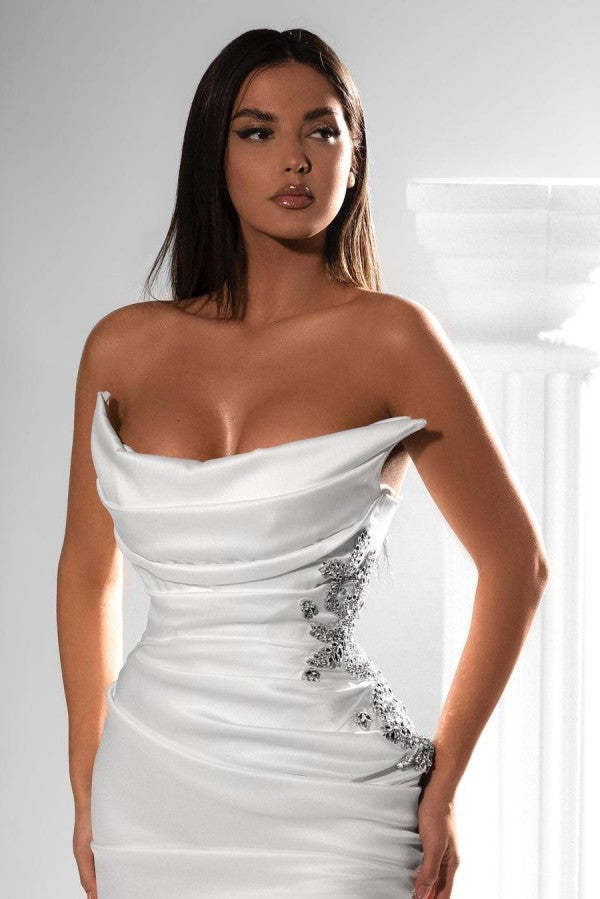 Chicloth Strapless White Prom Dress Pleats Mermaid With Slit