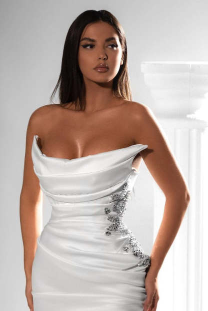 Chicloth Strapless White Prom Dress Pleats Mermaid With Slit