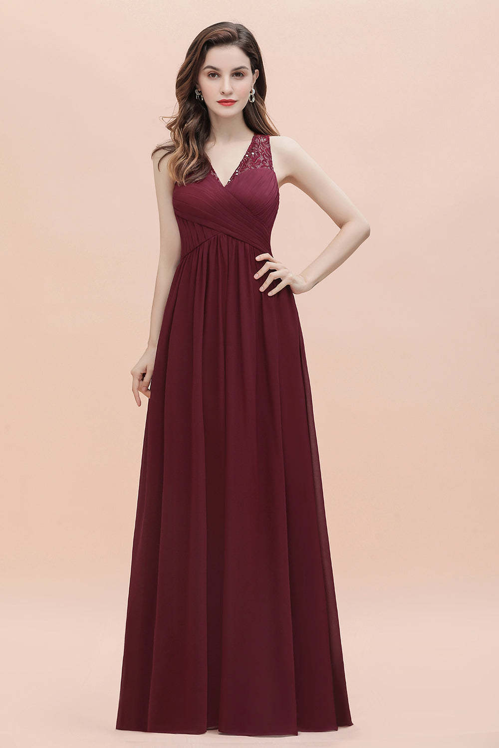 Chicloth Elegant V-Neck Lace Ruffles Bridesmaid Dress Sequins Burgundy Chiffon Evening Dress