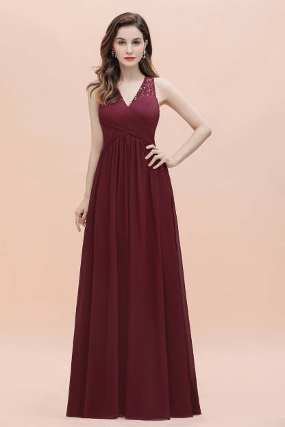 Chicloth Elegant V-Neck Lace Ruffles Bridesmaid Dress Sequins Burgundy Chiffon Evening Dress