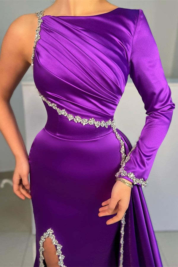 Chicloth Purple Long Sleeve One Shoulder Prom Dress Mermaid With Slit
