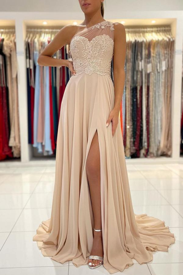 Sweetheart One-Shoulder Split-Front Gauze Prom Dress