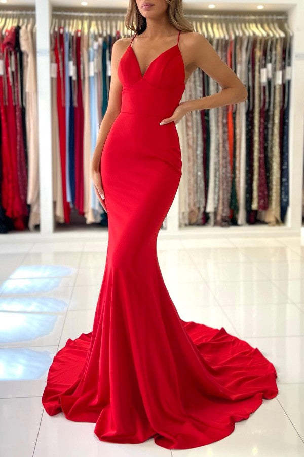 Chicloth Red Mermaid Prom Dress Spaghetti-Straps Sleeveless