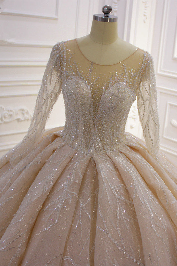 Chicloth Glamorous Ball Gown Tulle Jewel Wedding Dress Long Sleeves Ruffles Beadings Sequined Bridal Gowns Online