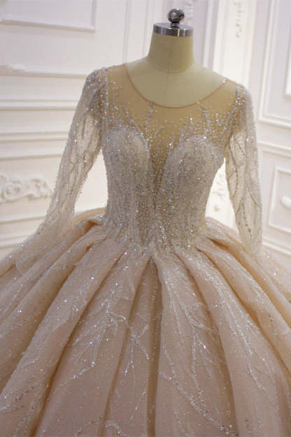 Chicloth Glamorous Ball Gown Tulle Jewel Wedding Dress Long Sleeves Ruffles Beadings Sequined Bridal Gowns Online