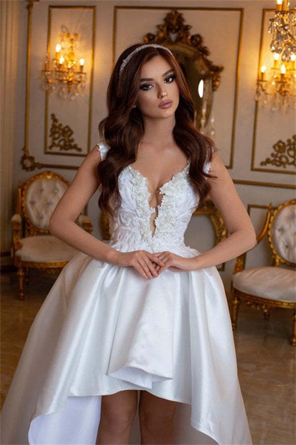 Chicloth Hi-Lo Wedding Dress Satin With Appliques