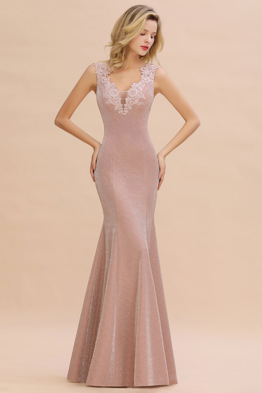 Chicloth Dusty Pink Shinning Long Prom Dress Mermaid With Appliques