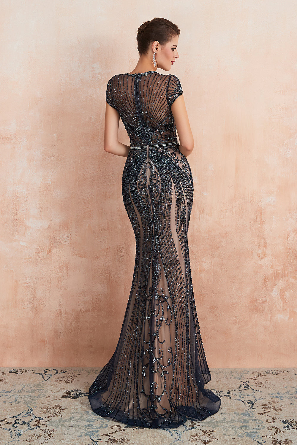 Chicloth Luxurious Crystal Short Sleeve Prom Dress Long Mermaid Kehole Evening Gowns With Zipper Back
